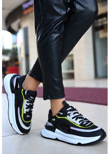 Aleh Siyah Cilt Lila Detaylı Spor Ayakkabı