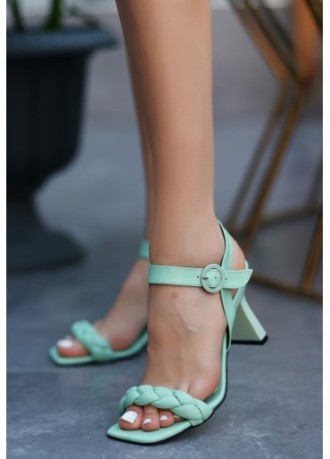 Metiy Su Yeşili  Cilt Topuklu Ayakkabı