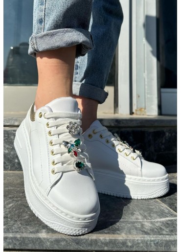 Tenya Beyaz Cilt Taşlı Bağcıklı Spor Ayakkabı