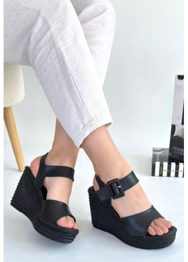 Wowo Siyah Cilt Dolgu Topuk Sandalet
