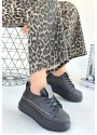 Leope Siyah Cilt Bağcıklı Spor Ayakkabı