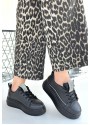 Leope Siyah Cilt Bağcıklı Spor Ayakkabı