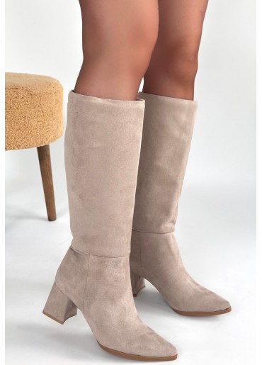 Roksa Bej Süet Topuklu Çizme