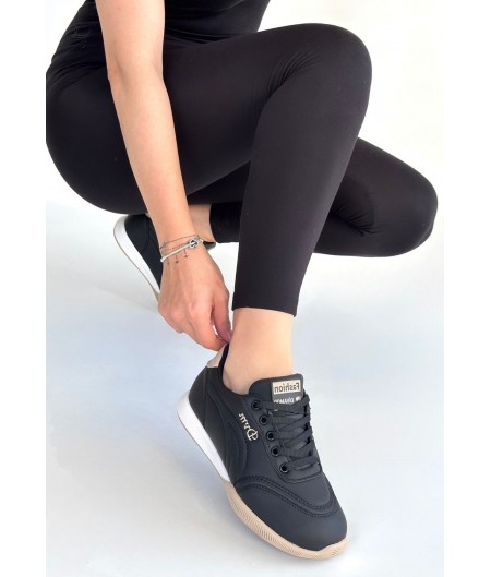 Tawen Siyah Cilt Bej Tabanlı Bağcıklı Spor Ayakkabı Tawen Siyah Cilt Bej Tabanlı Bağcıklı Spor Ayakkabı