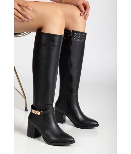 Jeoli Siyah Cilt Topuklu Çizme