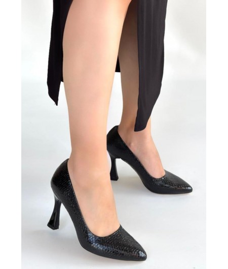 Merio Siyah Baskılı Rugan Topuklu Ayakkabı