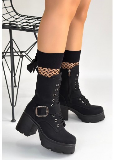 Linma Siyah Nubuk Bağcıklı Topuklu Bot