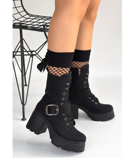 Linma Siyah Nubuk Bağcıklı Topuklu Bot