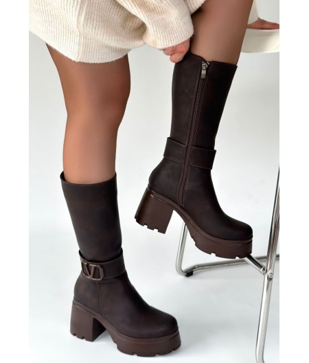 Moki Kahverengi Nubuk Topuklu Çizme