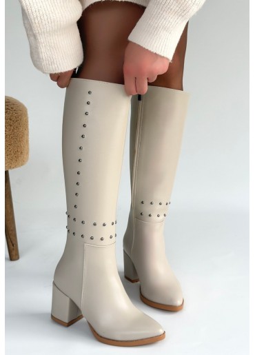 Tiyan Bej Cilt Topuklu Çizme