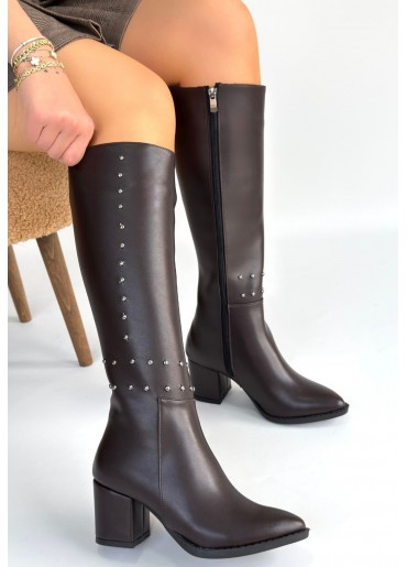 Tiyan Kahverengi Cilt Topuklu Çizme