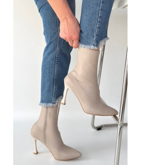 Orjen Bej Cilt Streç Topuklu Bot