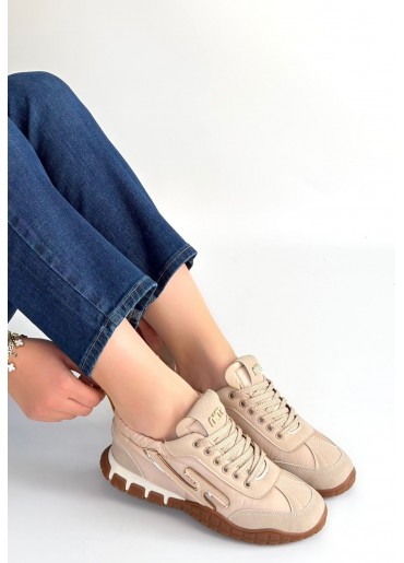 Huer Bej Nubuk Bağcıklı Spor Ayakkabı