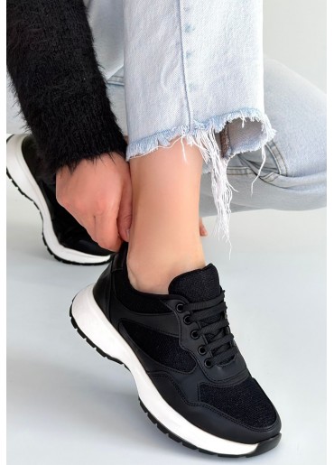 Slar Siyah Cilt Simli Bağcıklı Spor Ayakkabı