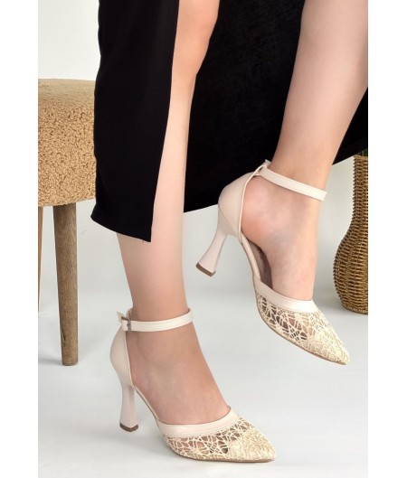 Hejja Bej Cilt Tül Detaylı Topuklu Ayakkabı Hejja Bej Cilt Tül Detaylı Topuklu Ayakkabı