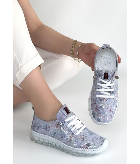 Jiten Lila Desenli Deri Bağcıklı Spor Ayakkabı