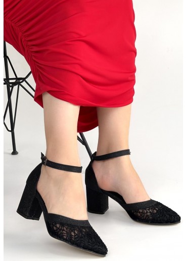 Dmop Siyah Cilt Simli Tül Detaylı Topuklu Ayakkabı