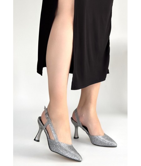Joga Gümüş Saten Simli Topuklu Ayakkabı Joga Gümüş Saten Simli Topuklu Ayakkabı