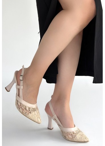 Ceta Bej Cilt Tül Detaylı Topuklu Ayakkabı