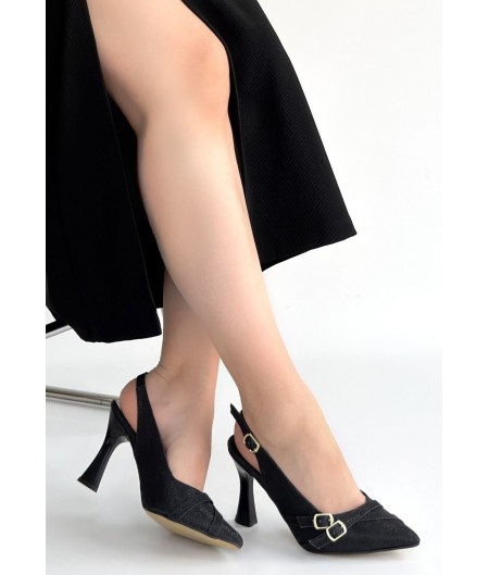 Jedda Siyah Simli Cilt Topuklu Ayakkabı Jedda Siyah Simli Cilt Topuklu Ayakkabı