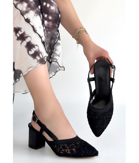 Poje Siyah Saten Tül Detaylı Topuklu Ayakkabı Poje Siyah Saten Tül Detaylı Topuklu Ayakkabı