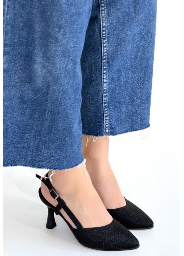 Joga Siyah Saten Simli Topuklu Ayakkabı