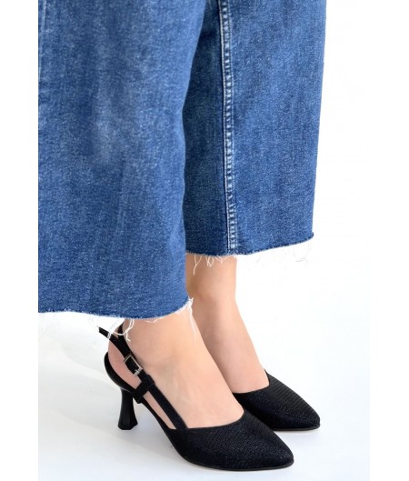 Joga Siyah Saten Simli Topuklu Ayakkabı