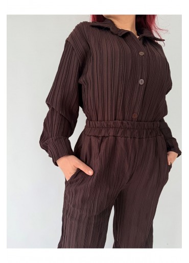 Pliseli Kahverengi Gömlekli İkili Takım