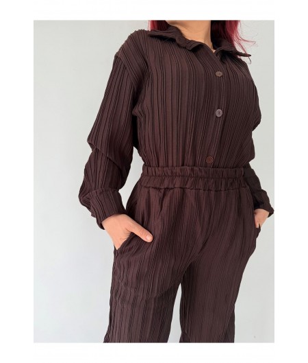 Pliseli Kahverengi Gömlekli İkili Takım