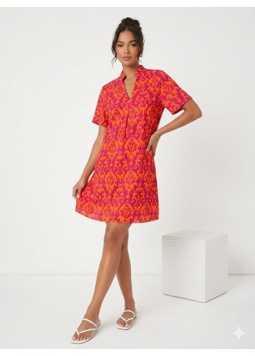 Wejan Pembe Turuncu Desenli Elbise