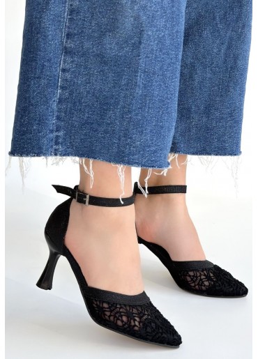 Weja Siyah Cilt Tül Detaylı Simli Topuklu Ayakkabı