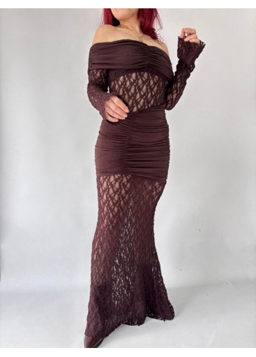 Isso Kahverengi Dantelli Boydan Elbise