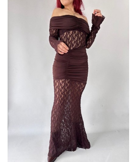 Isso Kahverengi Dantelli Boydan Elbise