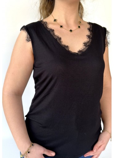 Imal Siyah Kalın Askılı Dantelli Tişört