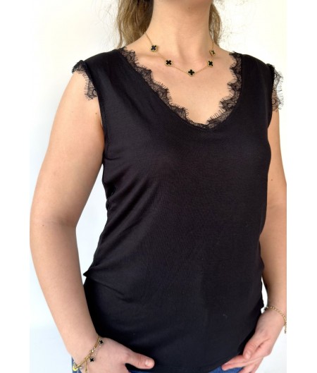 Imal Siyah Kalın Askılı Dantelli Tişört