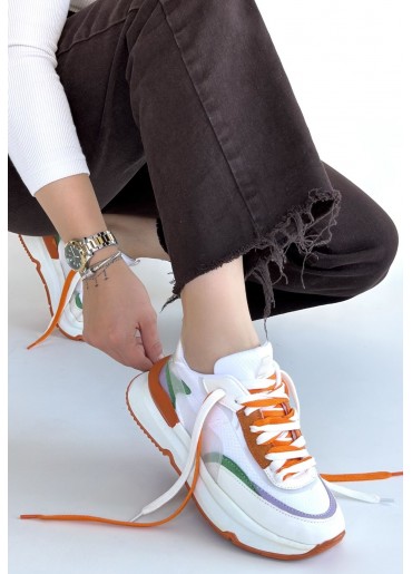 Aleh Beyaz Cilt Turuncu Detaylı Çift Bağcıklı Spor Ayakkabı