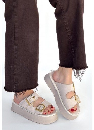 Coer Bej Süet Çift Tokalı Terlik