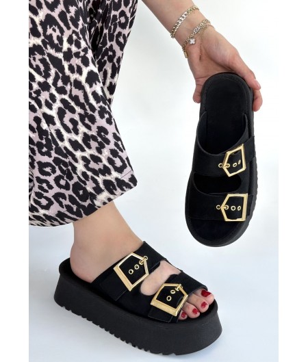 Coer Siyah Süet Çift Tokalı Terlik Coer Siyah Süet Çift Tokalı Terlik