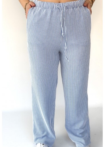 Gijja Mavi Çizgili Beli Lastikli Bol Paça Pantolon