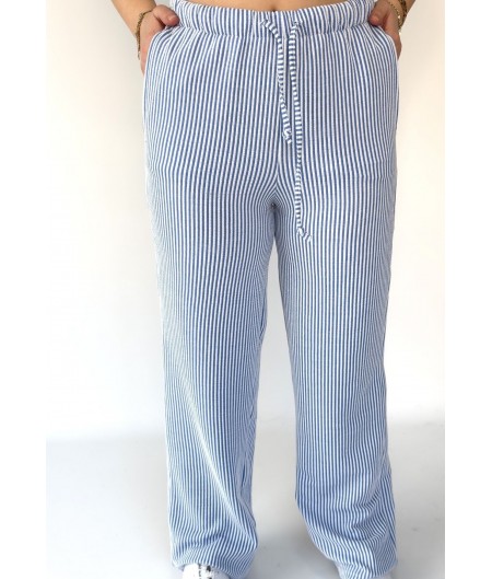 Gijja Mavi Çizgili Beli Lastikli Bol Paça Pantolon