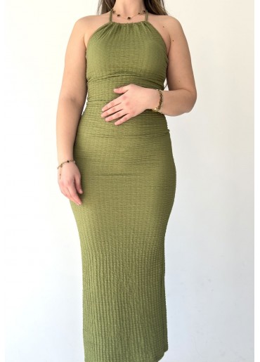 Bomber Yeşil Boyundan Bağlamalı Elbise