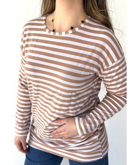 Hece Bej Beyaz Kollu Tişort