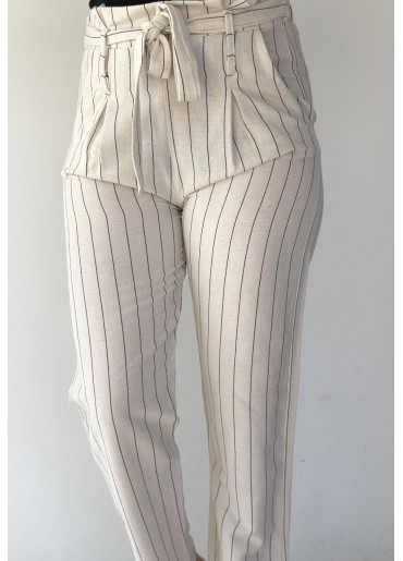 Fawin Beyaz Keten Çizgili Lastikli Bağlamalı Pantolon