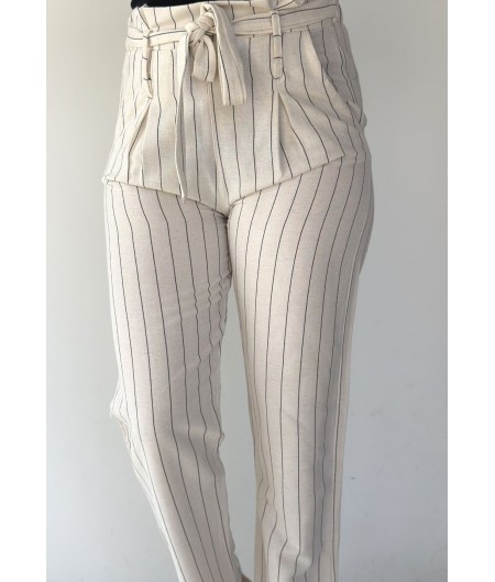 Fawin Beyaz Keten Çizgili Lastikli Bağlamalı Pantolon Fawin Beyaz Keten Çizgili Lastikli Bağlamalı Pantolon