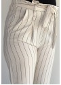 Fawin Beyaz Keten Çizgili Lastikli Bağlamalı Pantolon Fawin Beyaz Keten Çizgili Lastikli Bağlamalı Pantolon