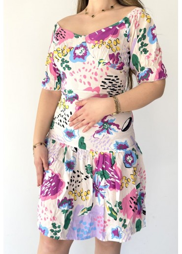 Foent Beyaz Çiçekli Balon Kol Elbise