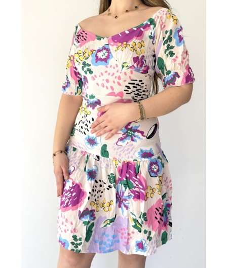 Foent Beyaz Çiçekli Balon Kol Elbise