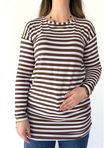 Hece Kahverengi Beyaz Kollu Tişort