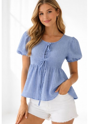 Essor Mavi Kısa Kollu Önü Bağlı Tişort