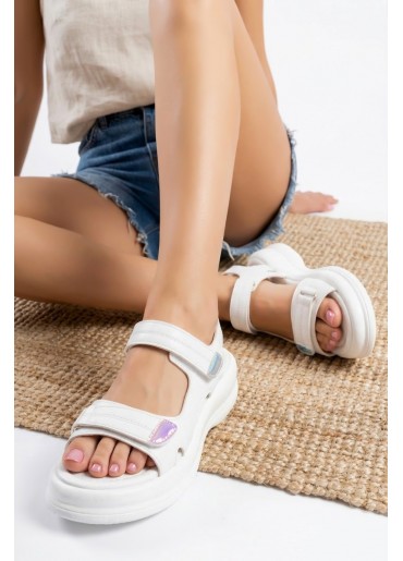 Ginya Beyaz Cilt Cırt Cırtlı Sandalet